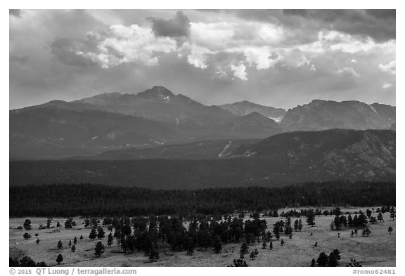 Beaver Meadow and Continental Divide with storm clouds. Rocky Mountain National Park (black and white)