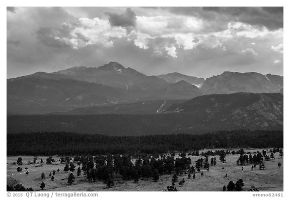 Beaver Meadow and Continental Divide with storm clouds. Rocky Mountain National Park (black and white)