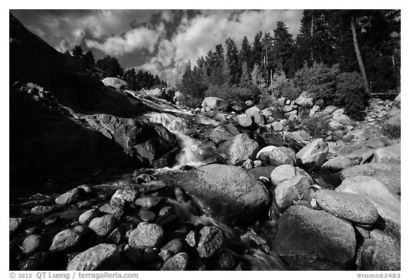 Stream cascading over Alluvial Fan and boulders. Rocky Mountain National Park (black and white)