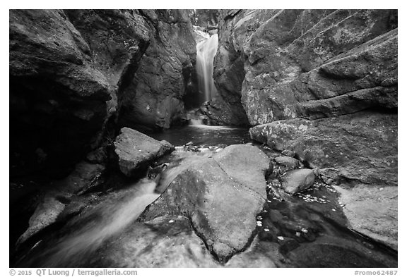 Waterfall in narrow gorge. Rocky Mountain National Park (black and white)
