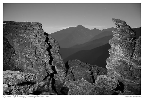 Rock Cut framing Longs Peak at night. Rocky Mountain National Park (black and white)