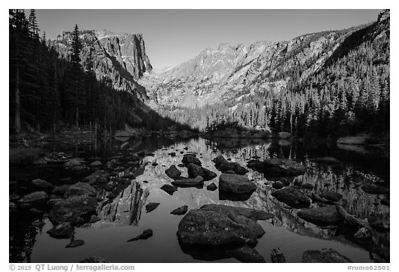 Hallet Peak and Flattop Mountain reflected in Dream Lake. Rocky Mountain National Park (black and white)
