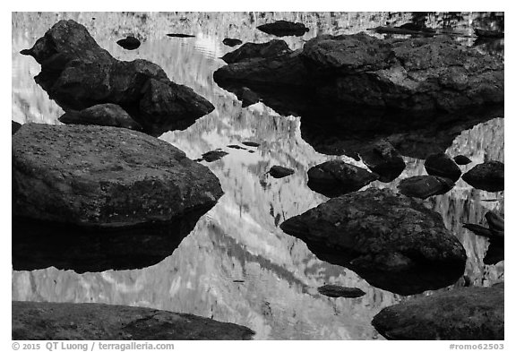 Mountain reflections and boulders, Dream Lake. Rocky Mountain National Park (black and white)