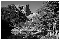 Hallet Peak rising above Dream Lake. Rocky Mountain National Park ( black and white)