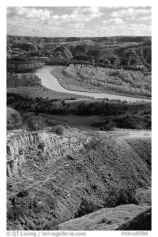 Little Missouri river and badlands at River bend. Theodore Roosevelt National Park (black and white)