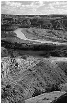 Little Missouri river and badlands at River bend. Theodore Roosevelt National Park, North Dakota, USA. (black and white)