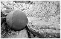 Cannonball concretion, North Unit. Theodore Roosevelt National Park, North Dakota, USA. (black and white)
