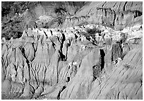 Badlands and caprock formations. Theodore Roosevelt National Park, North Dakota, USA. (black and white)