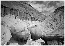 Big cannon ball formations in eroded badlands, North Unit. Theodore Roosevelt  National Park ( black and white)