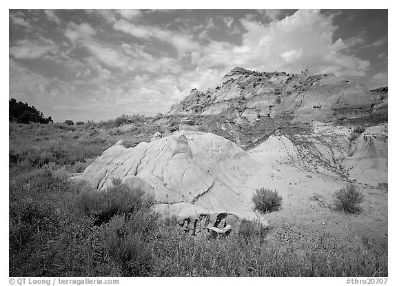 Colorful badlands and clouds, North Unit. Theodore Roosevelt  National Park (black and white)