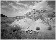 Colorful badlands and clouds, North Unit. Theodore Roosevelt National Park ( black and white)