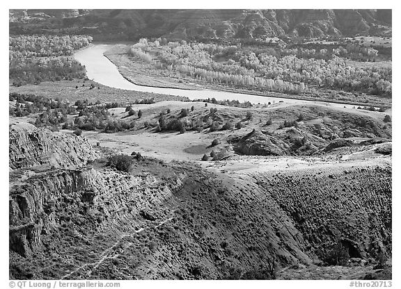 Little Missouri river and badlands at River bend in autumn. Theodore Roosevelt National Park (black and white)