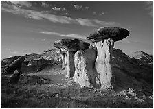 Caprock formations, late afternoon, Petrified Forest Plateau. Theodore Roosevelt National Park, North Dakota, USA. (black and white)