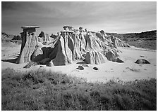 Mushroom pedestal formations, South Unit. Theodore Roosevelt National Park, North Dakota, USA. (black and white)