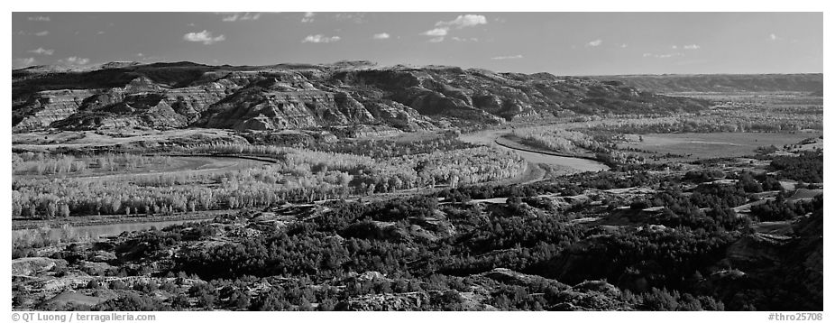 Wide valley with river and aspens in autumn color. Theodore Roosevelt  National Park (black and white)