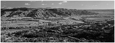 Wide valley with river and aspens in autumn color. Theodore Roosevelt  National Park (Panoramic black and white)