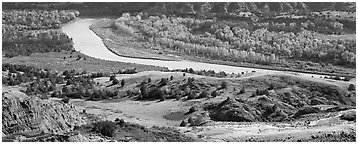 River, badlands, and aspens in the fall. Theodore Roosevelt  National Park (Panoramic black and white)