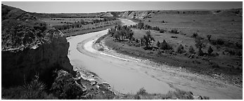 Riverbend and bluff. Theodore Roosevelt  National Park (Panoramic black and white)