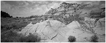 Multi-colored badland scenery. Theodore Roosevelt  National Park (Panoramic black and white)