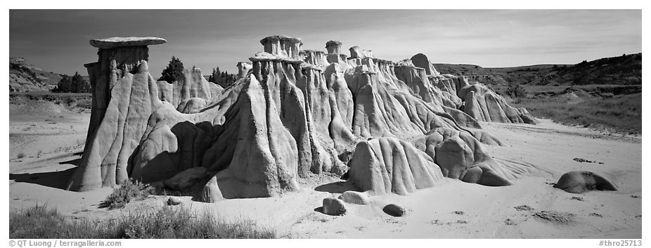 Erosion landscape with pedestal formation. Theodore Roosevelt  National Park (black and white)