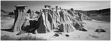 Erosion landscape with pedestal formation. Theodore Roosevelt  National Park (Panoramic black and white)