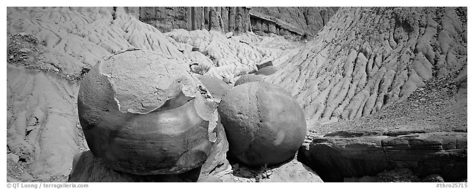 Large spherical concretions in badlands. Theodore Roosevelt  National Park (black and white)