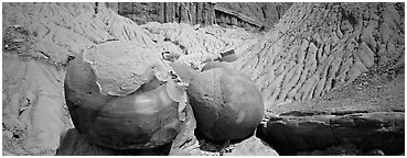 Large spherical concretions in badlands. Theodore Roosevelt  National Park (Panoramic black and white)