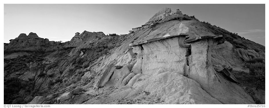 Badlands scenery with caprocks. Theodore Roosevelt  National Park (black and white)