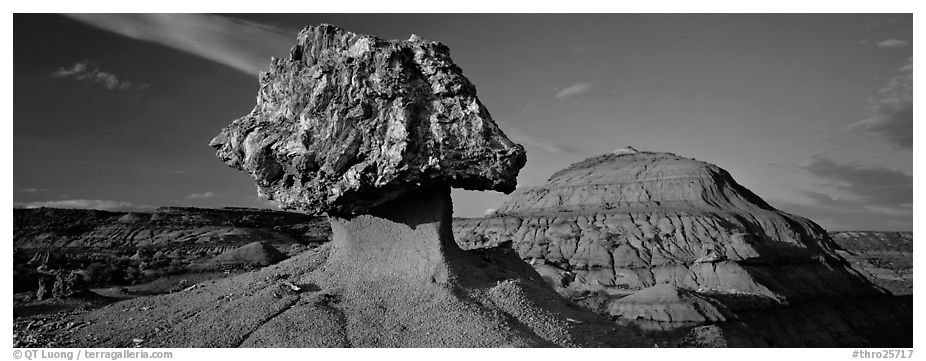 Badlands scenery with pedestal petrified log. Theodore Roosevelt National Park (black and white)