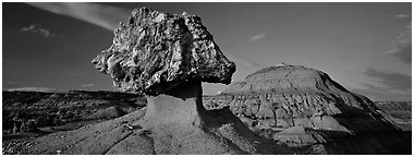 Badlands scenery with pedestal petrified log. Theodore Roosevelt  National Park (Panoramic black and white)