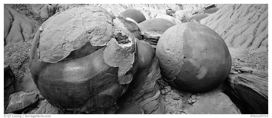 Large cannon ball rocks. Theodore Roosevelt National Park (black and white)