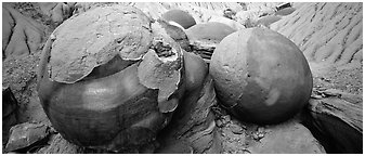 Large cannon ball rocks. Theodore Roosevelt  National Park (Panoramic black and white)