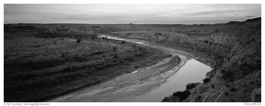 Scenic view of riverbend at sunset. Theodore Roosevelt National Park (black and white)