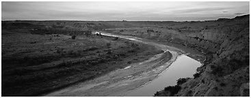 Scenic view of riverbend at sunset. Theodore Roosevelt  National Park (Panoramic black and white)