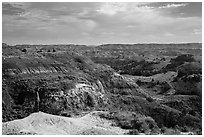 Park visitor looking, North Dakota Badlands Overlook. Theodore Roosevelt National Park ( black and white)