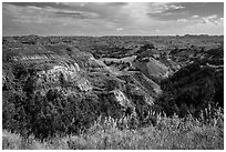 North Dakota badlands landscape. Theodore Roosevelt National Park, North Dakota, USA. (black and white)