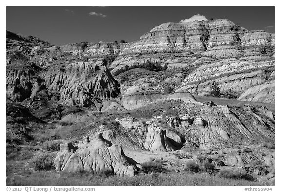 Multicolored layered badlands landscape, North Unit. Theodore Roosevelt National Park, North Dakota, USA.