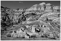 Multicolored layered badlands landscape, North Unit. Theodore Roosevelt National Park, North Dakota, USA. (black and white)