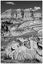 Badlands with colorful strata. Theodore Roosevelt National Park, North Dakota, USA. (black and white)