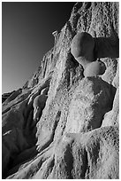 Cannonball concretions on cliff. Theodore Roosevelt National Park, North Dakota, USA. (black and white)