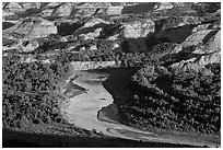 Little Missouri river bend and badlands in summer. Theodore Roosevelt National Park, North Dakota, USA. (black and white)