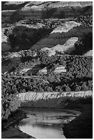 Badlands and Little Missouri river. Theodore Roosevelt National Park ( black and white)