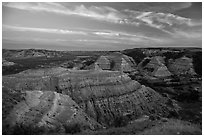 Badlands at sunset, North Unit. Theodore Roosevelt National Park, North Dakota, USA. (black and white)