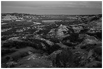 Badlands and Little Missouri oxbow bend at dusk. Theodore Roosevelt National Park, North Dakota, USA. (black and white)