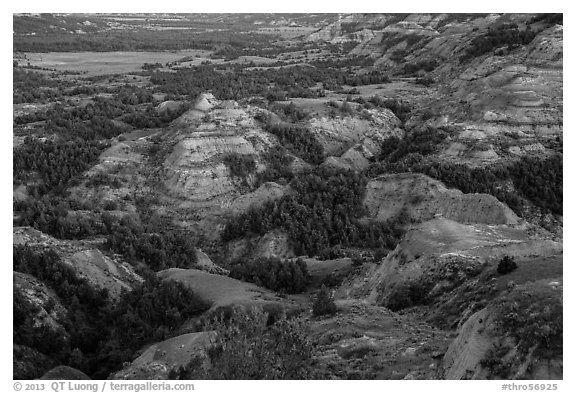 Badlands in summer at dusk. Theodore Roosevelt National Park, North Dakota, USA.