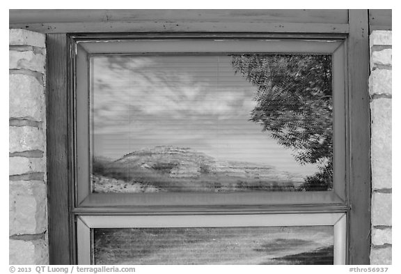 North Unit Visitor Center window reflexion. Theodore Roosevelt National Park, North Dakota, USA.