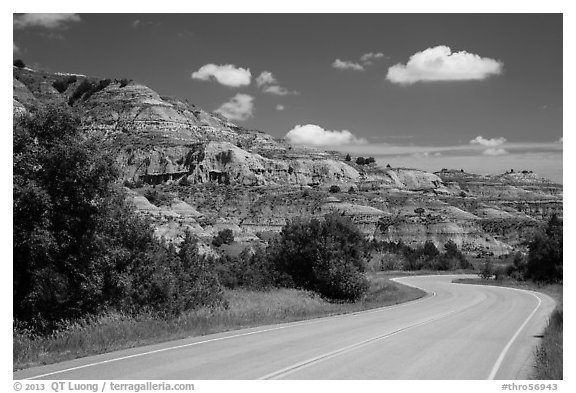Scenic drive and colorful badlands, North Unit. Theodore Roosevelt National Park (black and white)