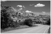 Scenic drive and colorful badlands, North Unit. Theodore Roosevelt National Park, North Dakota, USA. (black and white)