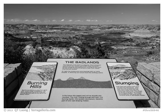 Interpretive sign, Painted Canyon. Theodore Roosevelt National Park (black and white)