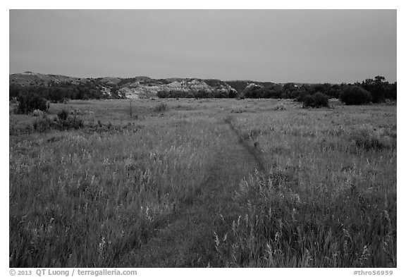 Faint trail at dusk, Elkhorn Ranch Unit. Theodore Roosevelt National Park, North Dakota, USA.